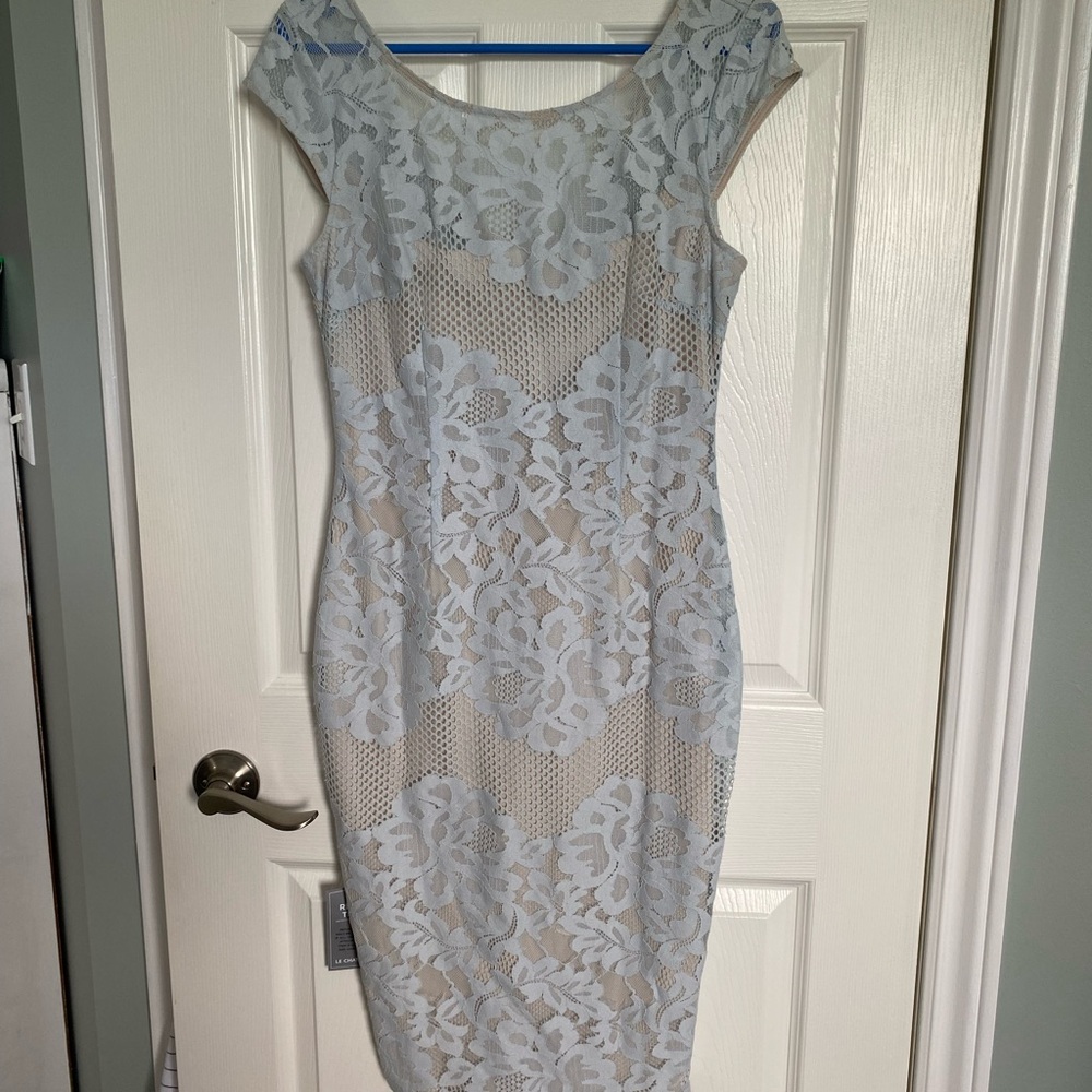 Le Chateau Blue Sheath Midi Dress with Cap Sleeves